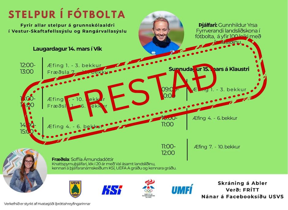Stelpur í fótbolta: Námskeiði frestað